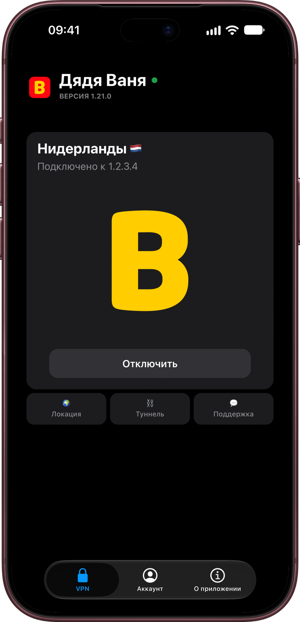 Приложение Дядя Ваня на iPhone: VPN подключён, Нидерланды