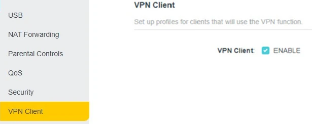 TP-Link Archer AX1800, вкладка Advanced, пункт VPN Client в меню слева, отмечено Enable